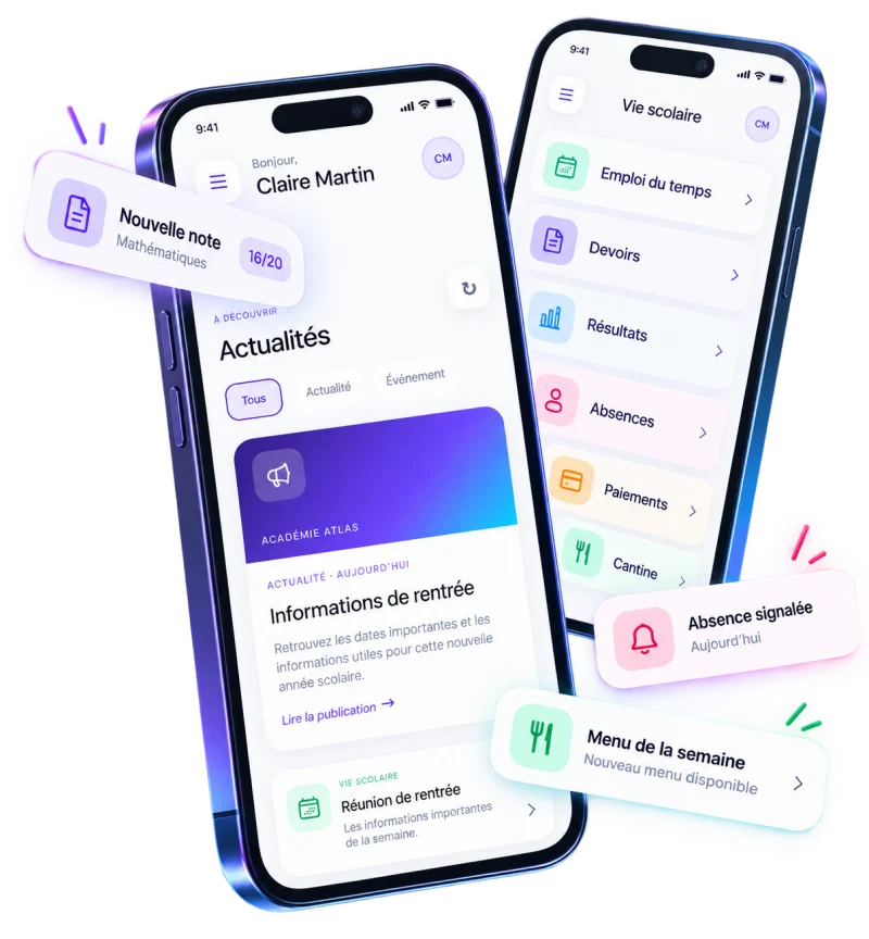 Application parents Acadelta School Application mobile Acadelta pour les parents : actualités de l’école, menu vie scolaire et notifications de note, d’absence et de menu de la cantine